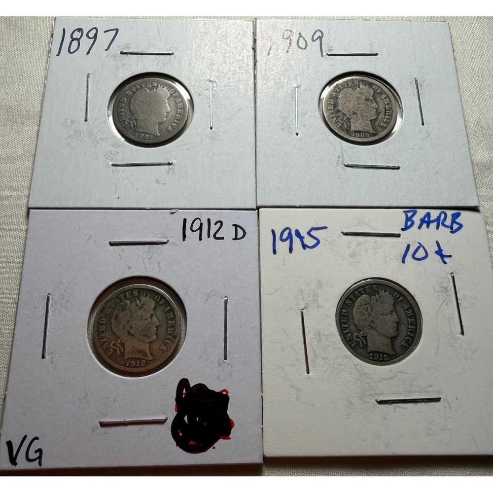 Lot of 4 Barber Dimes 1897 1909 1912 D‎ 1915 US Silver 10c Coins H1025